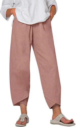 Lmdudan 2025 Plus Size Women Linen Pants Summer Casual Capri Pant with Pockets High Waisted Palazzo Crop Comfy Baggy Trousers