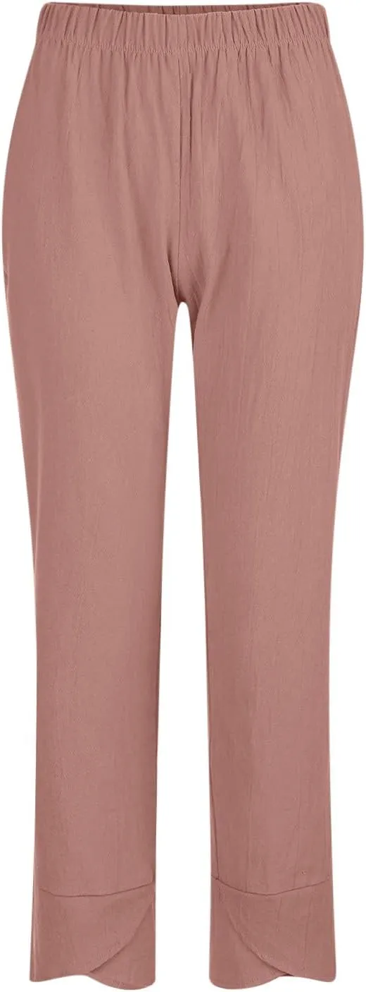 Lmdudan 2025 Plus Size Women Linen Pants Summer Casual Capri Pant with Pockets High Waisted Palazzo Crop Comfy Baggy Trousers