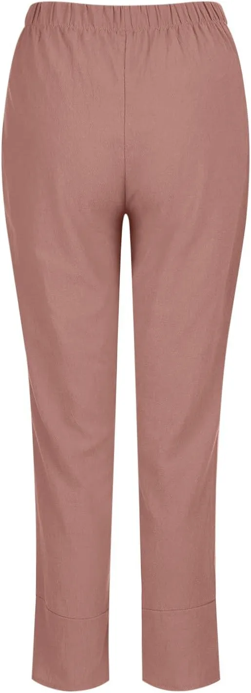 Lmdudan 2025 Plus Size Women Linen Pants Summer Casual Capri Pant with Pockets High Waisted Palazzo Crop Comfy Baggy Trousers