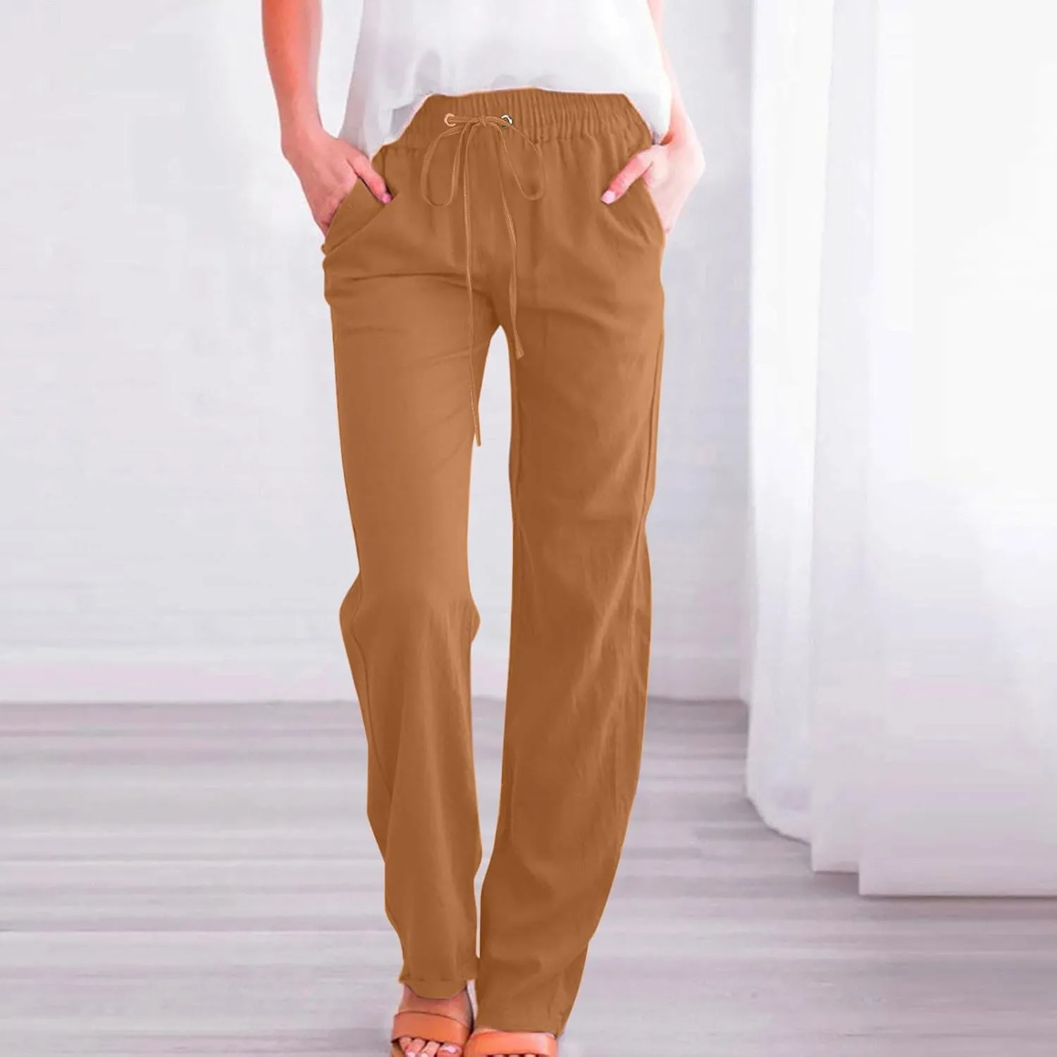 Lmdudan 2025 Women Casual Linen High Waist Pants Drawstring Loose Fit Summer Pants Elastic Waist Trousers with Pockets