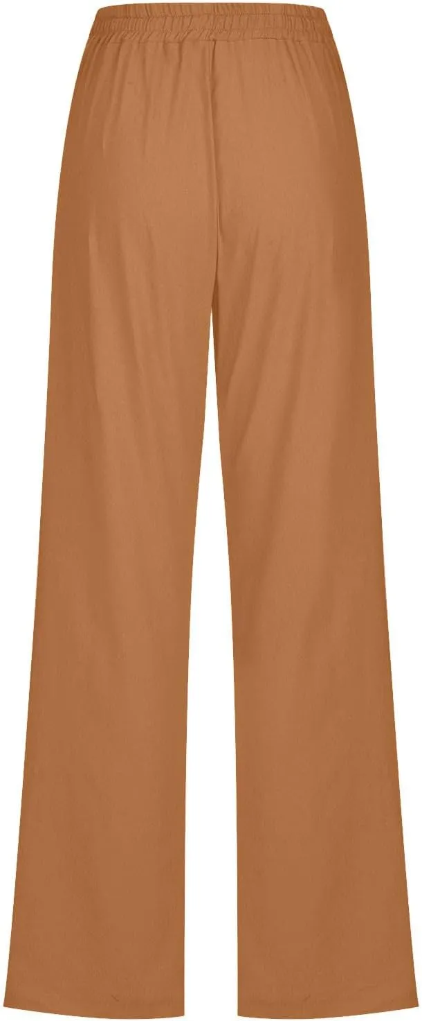 Lmdudan 2025 Women Casual Linen High Waist Pants Drawstring Loose Fit Summer Pants Elastic Waist Trousers with Pockets
