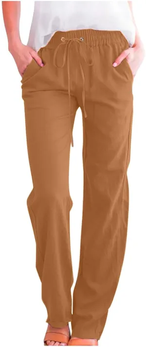 Lmdudan 2025 Women Casual Linen High Waist Pants Drawstring Loose Fit Summer Pants Elastic Waist Trousers with Pockets