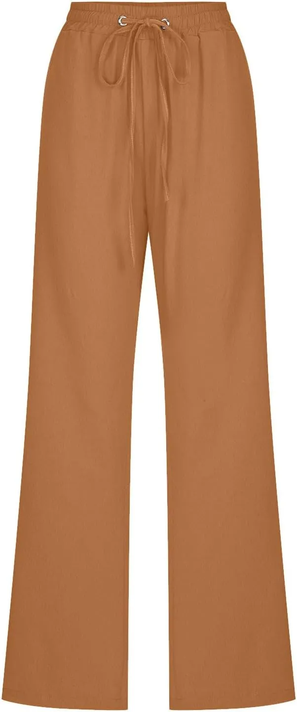 Lmdudan 2025 Women Casual Linen High Waist Pants Drawstring Loose Fit Summer Pants Elastic Waist Trousers with Pockets