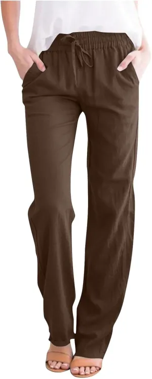 Lmdudan 2025 Women Casual Linen High Waist Pants Drawstring Loose Fit Summer Pants Solid Color Trousers with Pockets