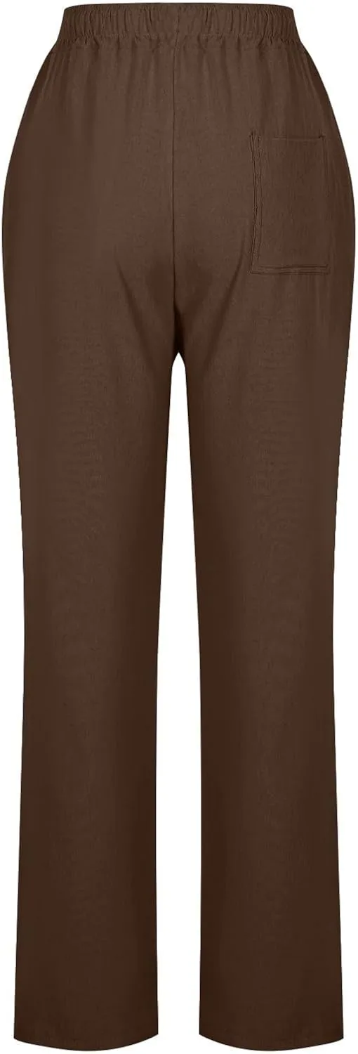 Lmdudan 2025 Women Casual Linen High Waist Pants Drawstring Loose Fit Summer Pants Solid Color Trousers with Pockets