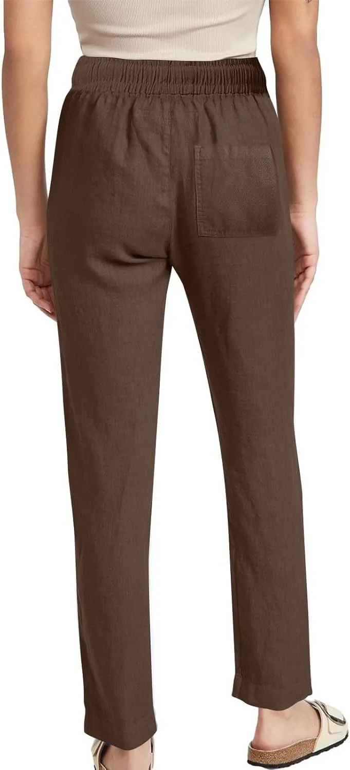 Lmdudan 2025 Women Casual Linen High Waist Pants Drawstring Loose Fit Summer Pants Solid Color Trousers with Pockets