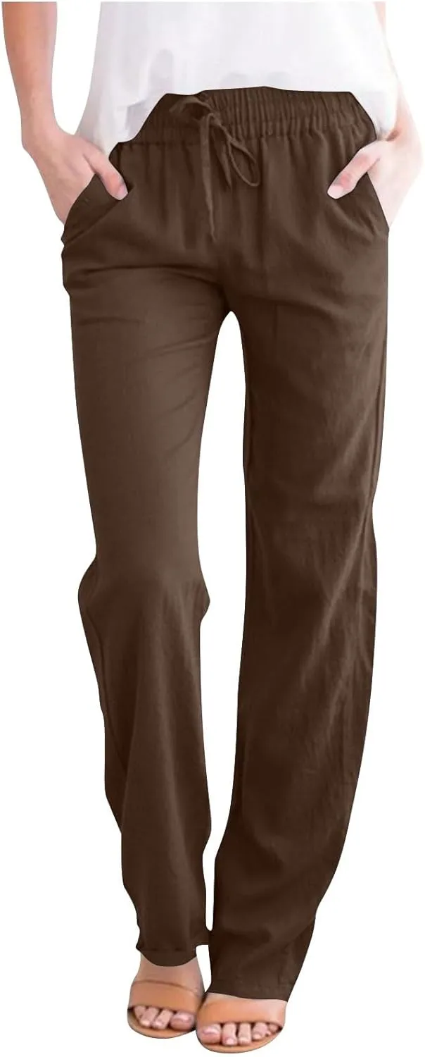 Lmdudan 2025 Women Casual Linen High Waist Pants Drawstring Loose Fit Summer Pants Solid Color Trousers with Pockets