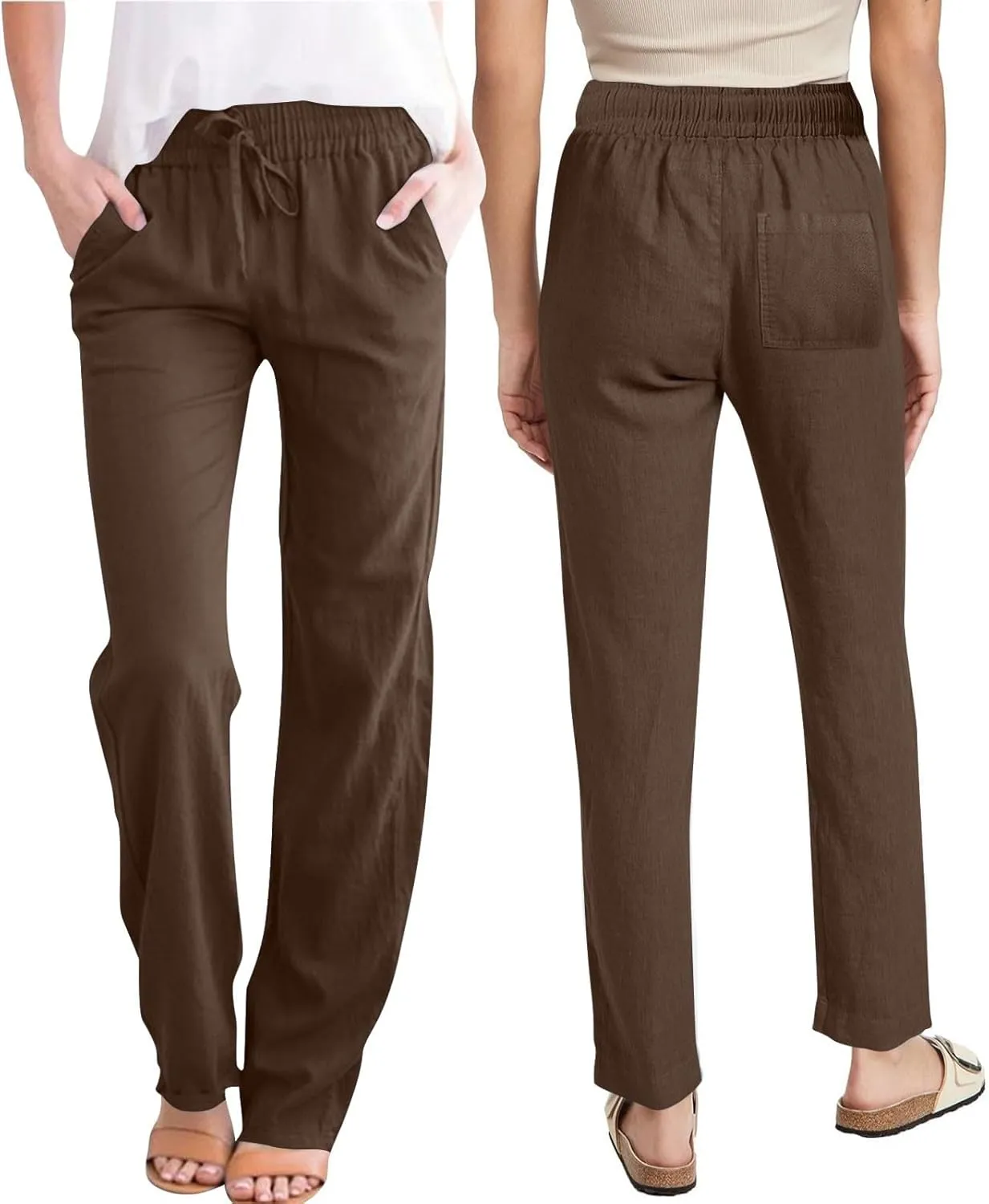 Lmdudan 2025 Women Casual Linen High Waist Pants Drawstring Loose Fit Summer Pants Solid Color Trousers with Pockets