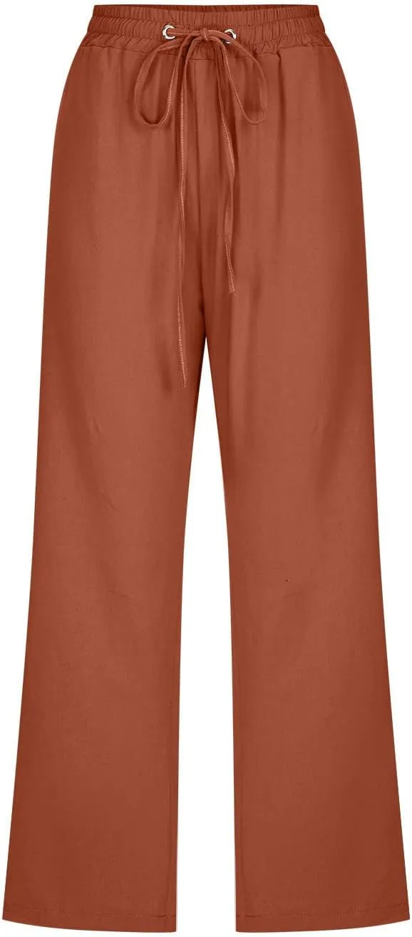 Lmdudan Cotton Linen Capri Pants for Women Summer Drawstring Elastic High Waist Casual Pant Straight Wide Leg Cropped Trouser