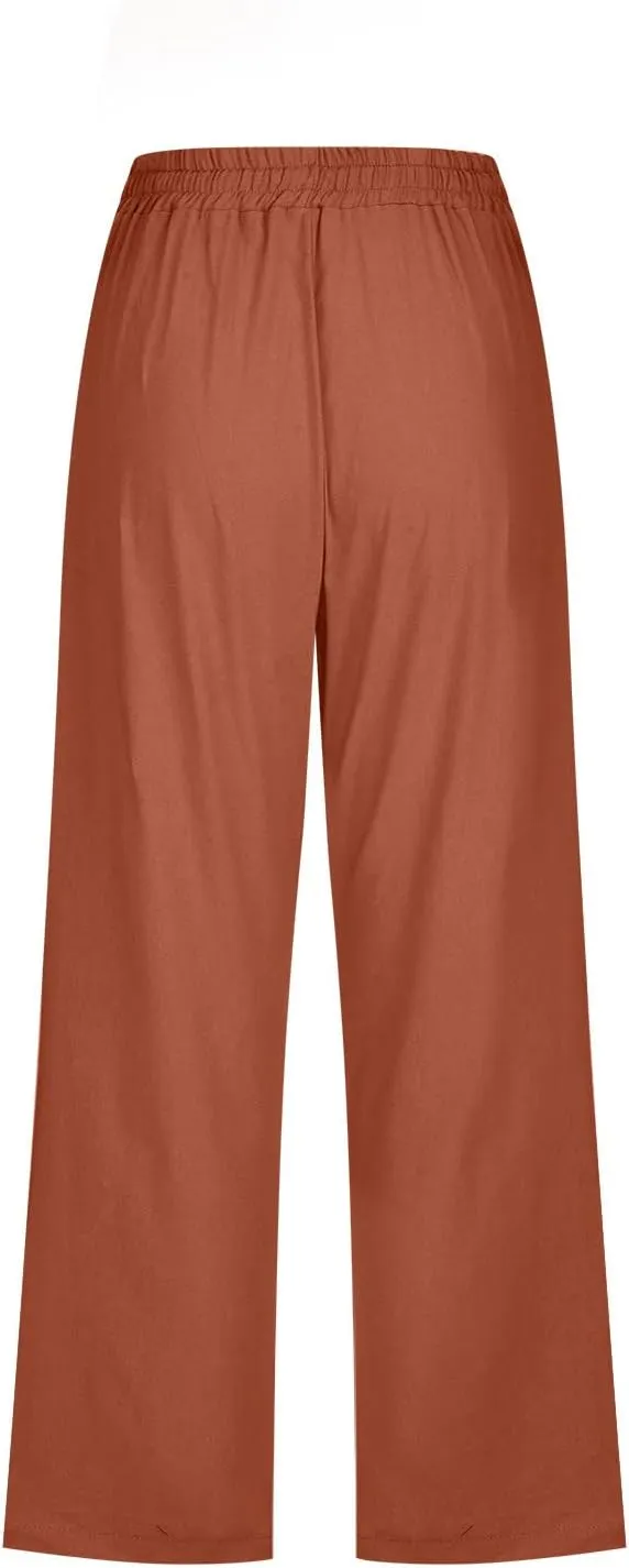 Lmdudan Cotton Linen Capri Pants for Women Summer Drawstring Elastic High Waist Casual Pant Straight Wide Leg Cropped Trouser