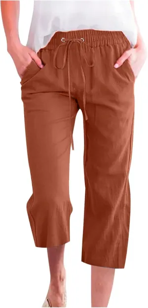 Lmdudan Cotton Linen Capri Pants for Women Summer Drawstring Elastic High Waist Casual Pant Straight Wide Leg Cropped Trouser