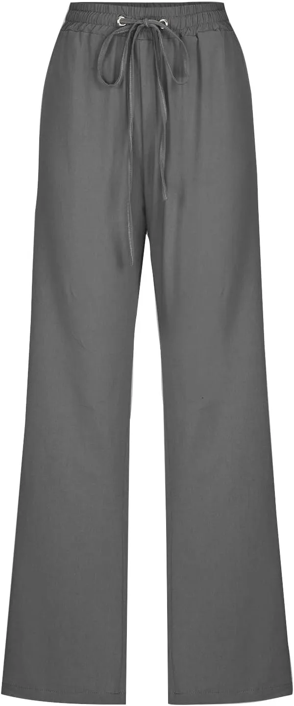 Lmdudan Plus Size Linen Pants for Women Summer Casual Drawstring High Waisted Pant Loose Vacation Lounge Trousers with Pocket