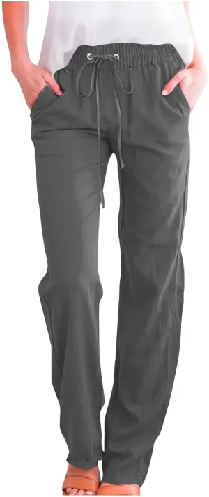 Lmdudan Plus Size Linen Pants for Women Summer Casual Drawstring High Waisted Pant Loose Vacation Lounge Trousers with Pocket