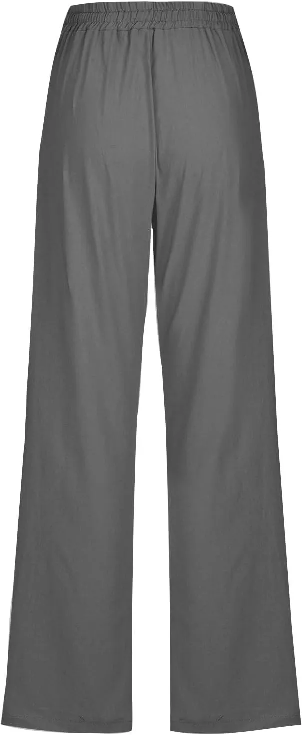Lmdudan Plus Size Linen Pants for Women Summer Casual Drawstring High Waisted Pant Loose Vacation Lounge Trousers with Pocket
