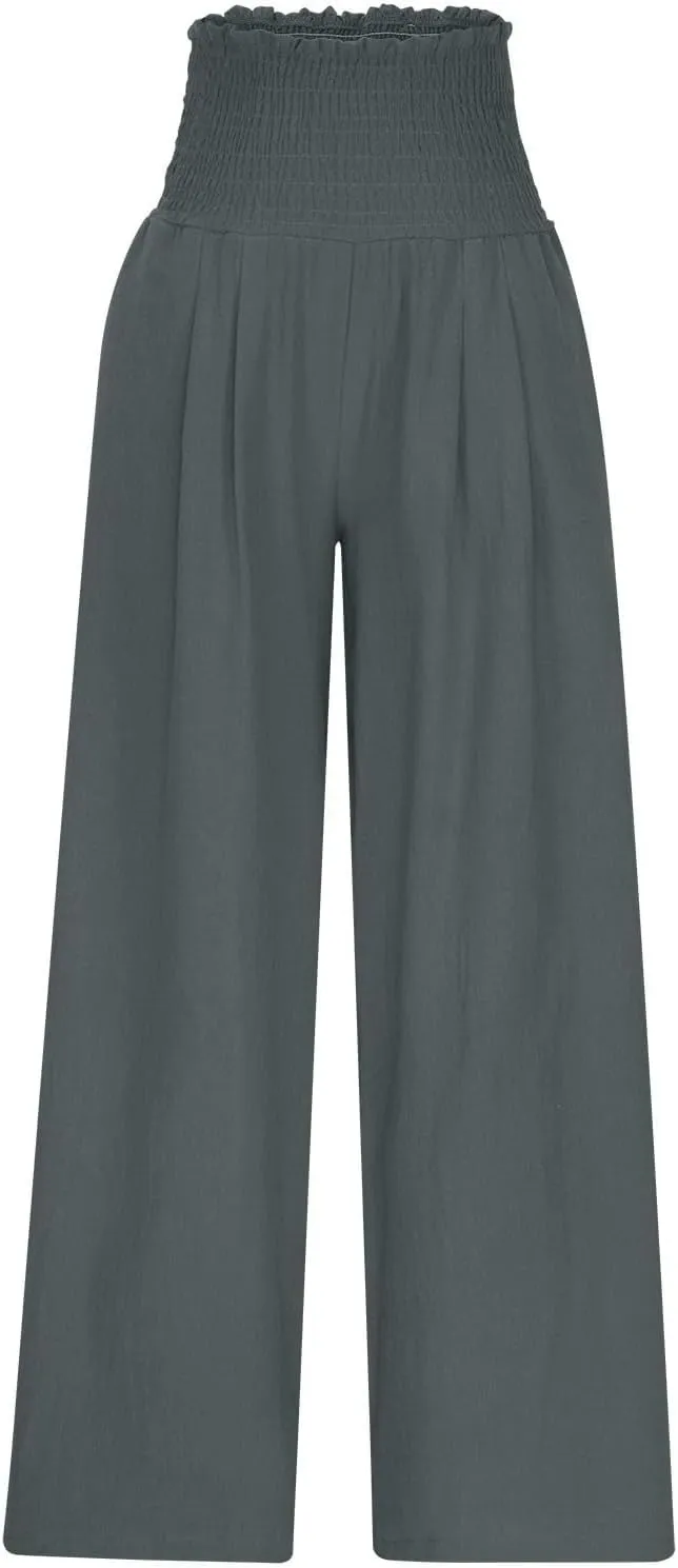 Lmdudan Tummy Control Cotton Linen Pants for Women High Waisted Lounge Pants Casual Wide Leg Trouser Sweatpants with Pockets