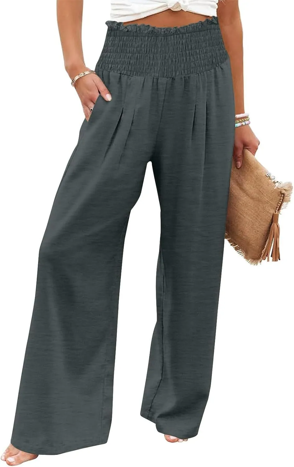 Lmdudan Tummy Control Cotton Linen Pants for Women High Waisted Lounge Pants Casual Wide Leg Trouser Sweatpants with Pockets