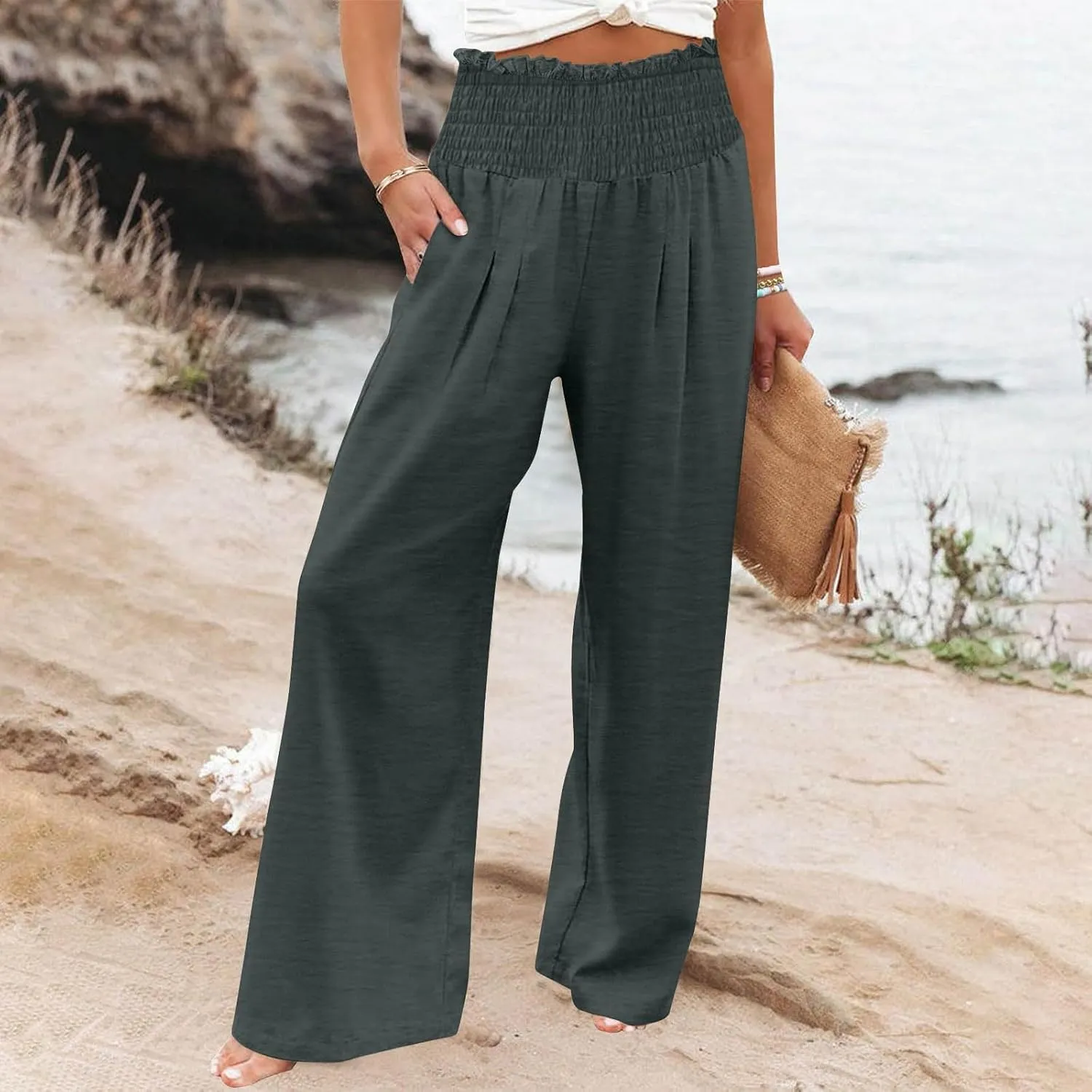 Lmdudan Tummy Control Cotton Linen Pants for Women High Waisted Lounge Pants Casual Wide Leg Trouser Sweatpants with Pockets