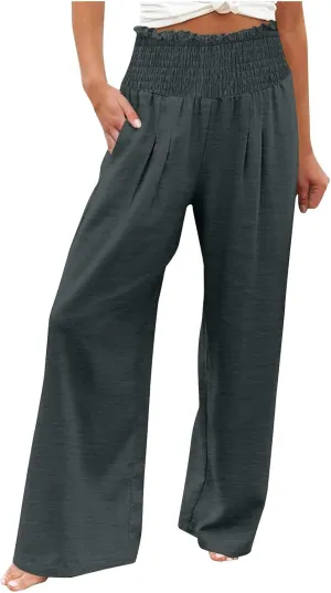 Lmdudan Tummy Control Cotton Linen Pants for Women High Waisted Lounge Pants Casual Wide Leg Trouser Sweatpants with Pockets
