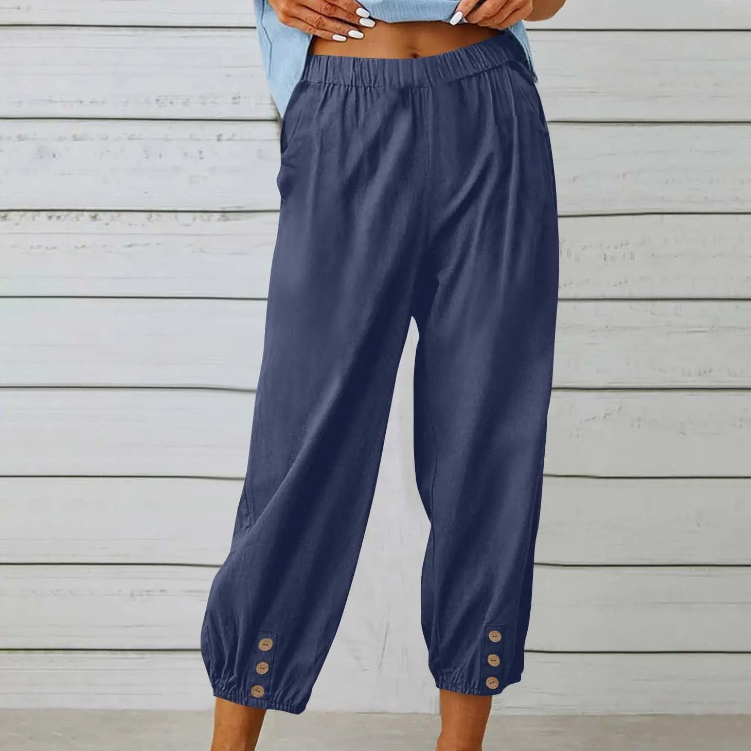Lmdudan Women Linen Capri Pants Casual Drawstring Elastic High Waist Baggy Wide Leg Cropped Pants Trousers for Ladies Summer