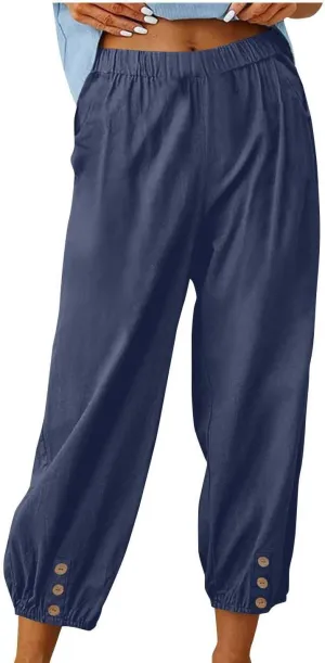 Lmdudan Women Linen Capri Pants Casual Drawstring Elastic High Waist Baggy Wide Leg Cropped Pants Trousers for Ladies Summer
