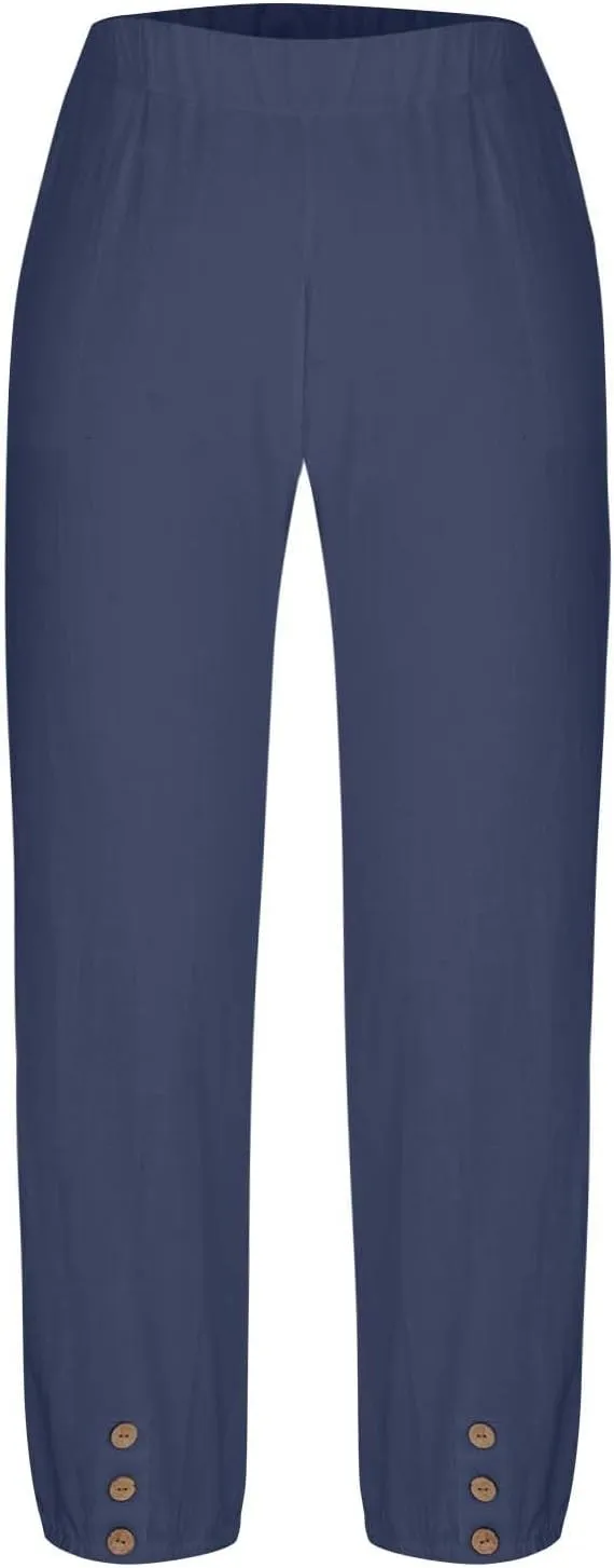 Lmdudan Women Linen Capri Pants Casual Drawstring Elastic High Waist Baggy Wide Leg Cropped Pants Trousers for Ladies Summer