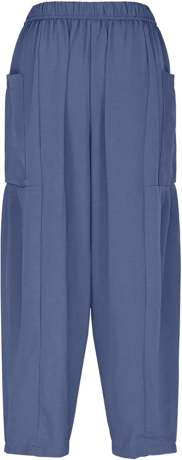 Lmdudan Women Linen Pants Casual Elastic Waist Wide Leg Boho Pants Loose Lightweight Beach Palazzo Pants with Pockets