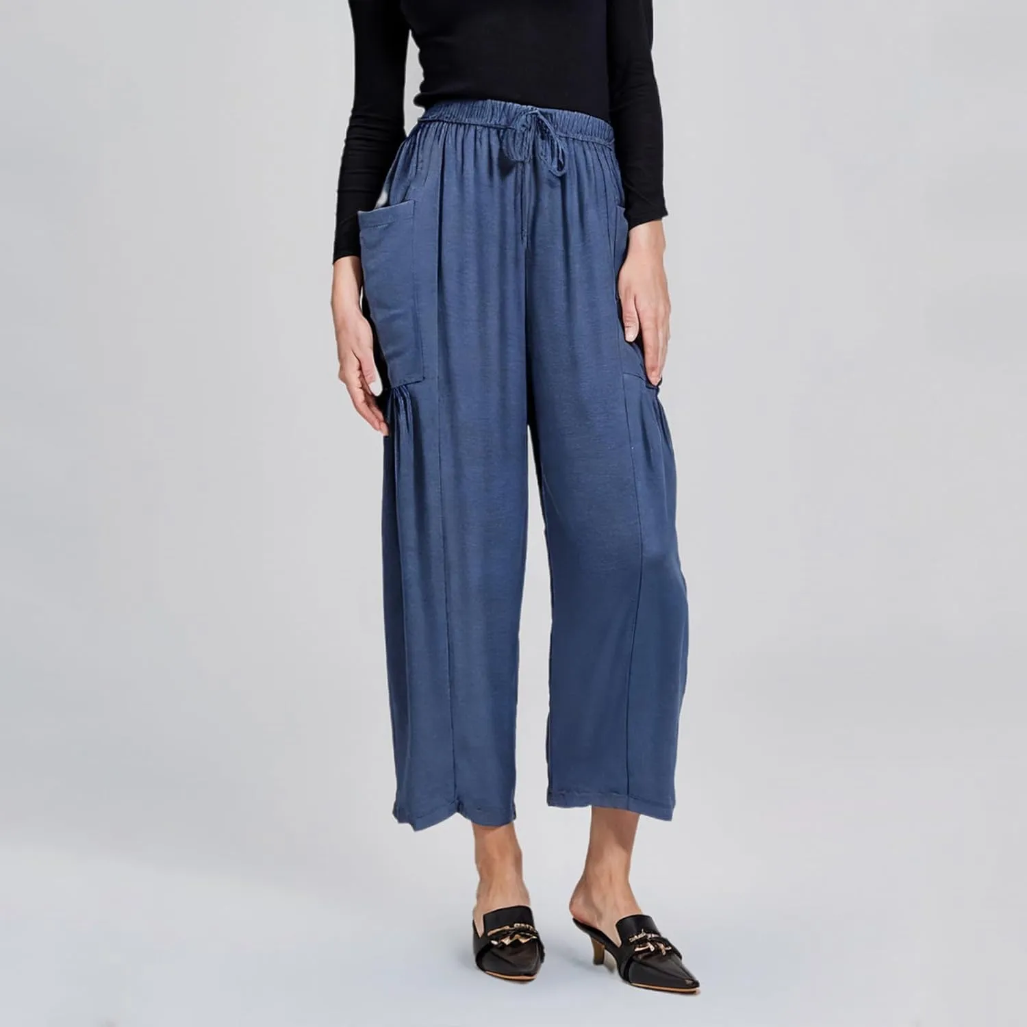Lmdudan Women Linen Pants Casual Elastic Waist Wide Leg Boho Pants Loose Lightweight Beach Palazzo Pants with Pockets
