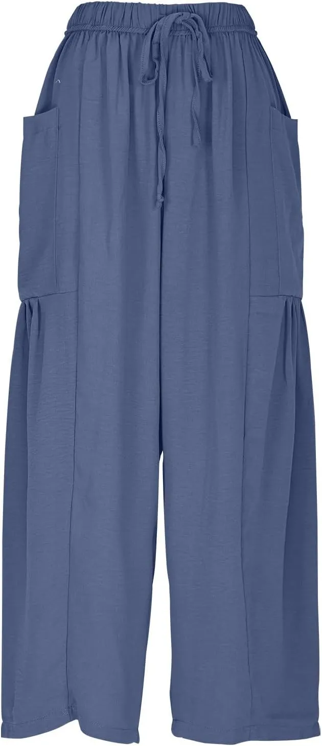 Lmdudan Women Linen Pants Casual Elastic Waist Wide Leg Boho Pants Loose Lightweight Beach Palazzo Pants with Pockets