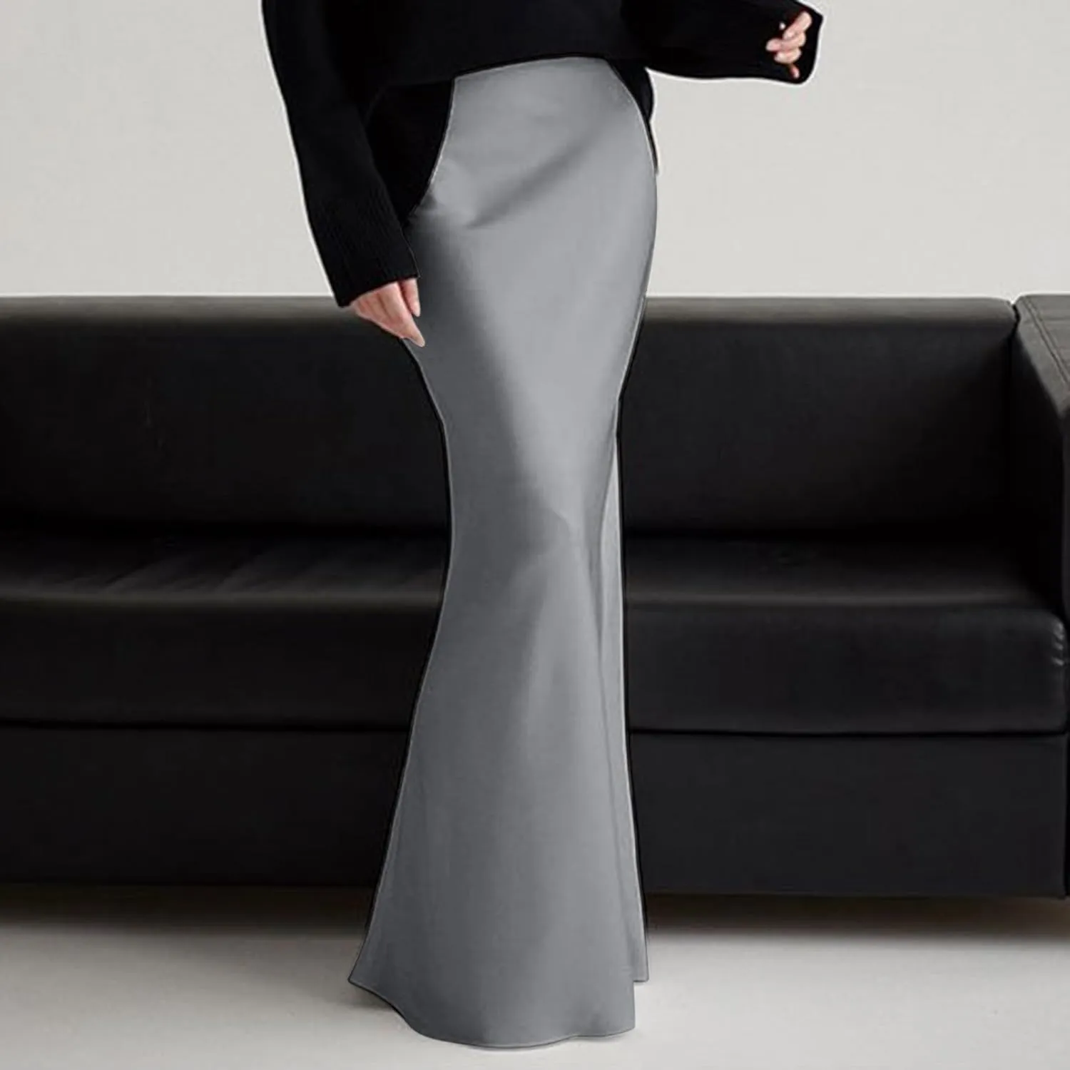Long Pencil Skirts for Women Spring Silk Satin Maxi Skirt Strenchy Elegant Bodycon Fishtail Skirts for Cocktail Party Holiday