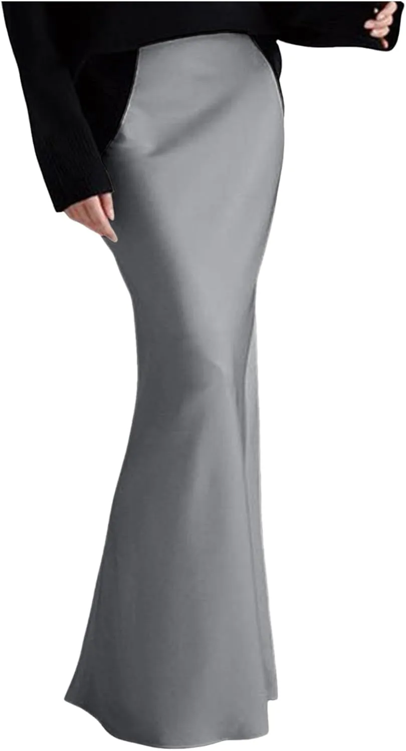 Long Pencil Skirts for Women Spring Silk Satin Maxi Skirt Strenchy Elegant Bodycon Fishtail Skirts for Cocktail Party Holiday