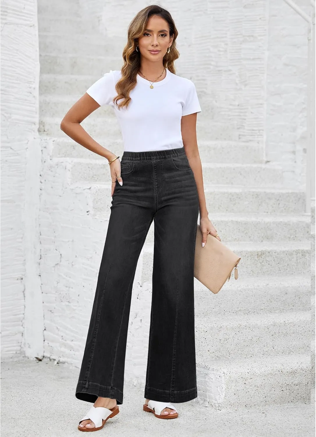 LookbookStore Wide Leg Jeans for Women Trendy High Waisted Trousers Stretchy Baggy Denim Pants