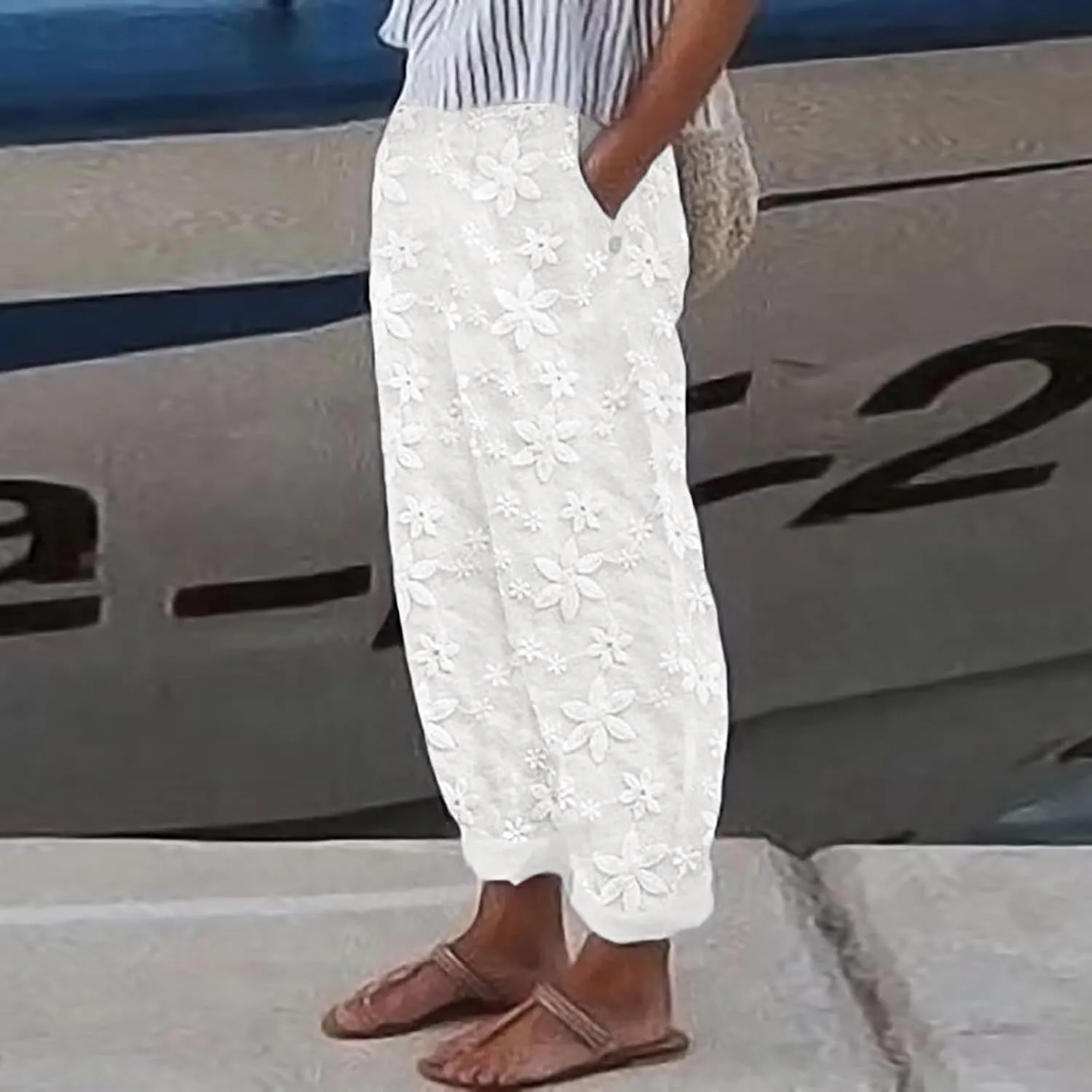 Loose Linen Pants For Women Petite Striped Print Cropped Trouser Drawstring Summer Soft Capri Sweatpant With Pocket