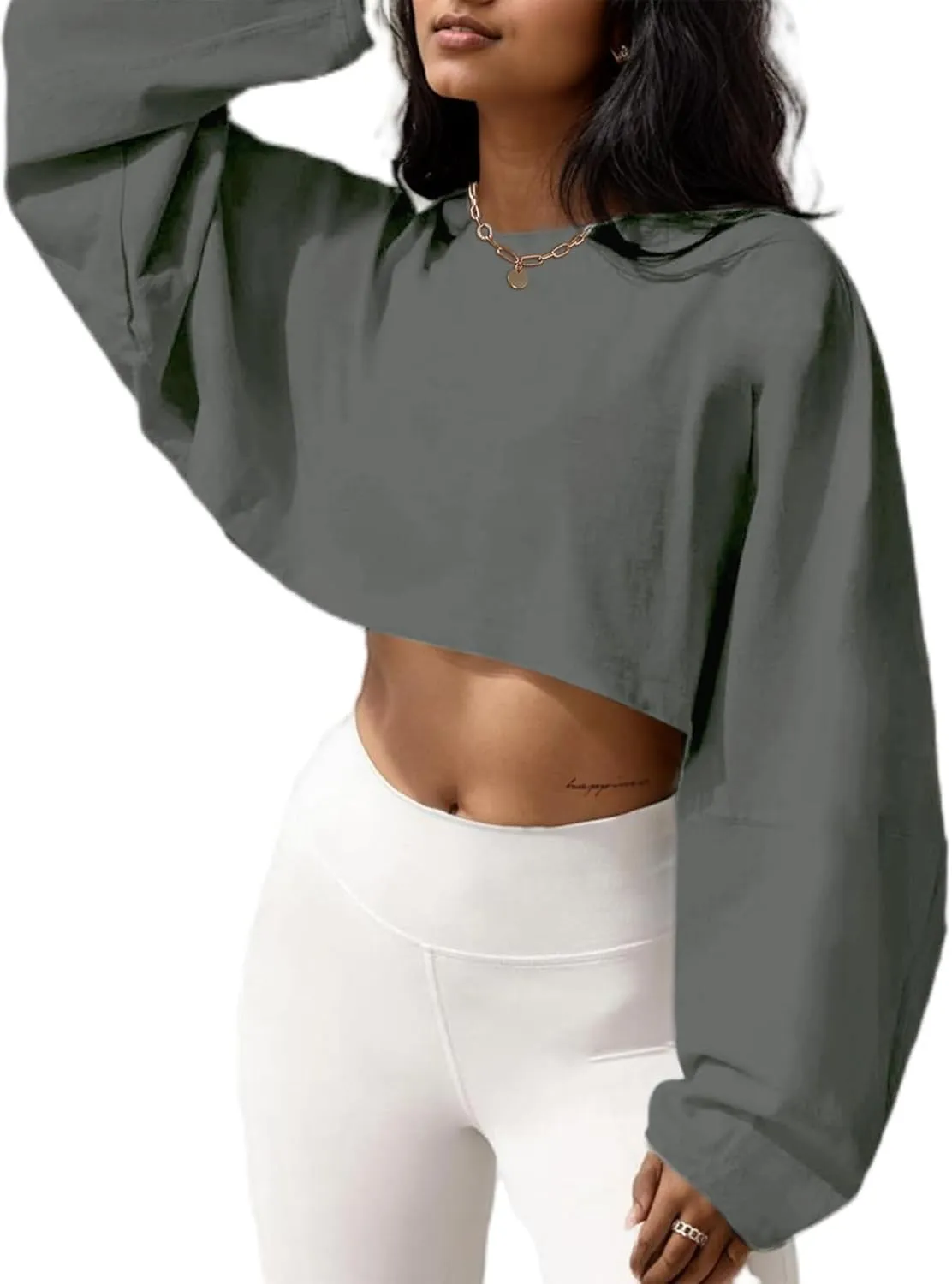 LovelyWholesale Women Long Sleeve Cropped Sweatshirt Oversized Crew Neck Workout Tops