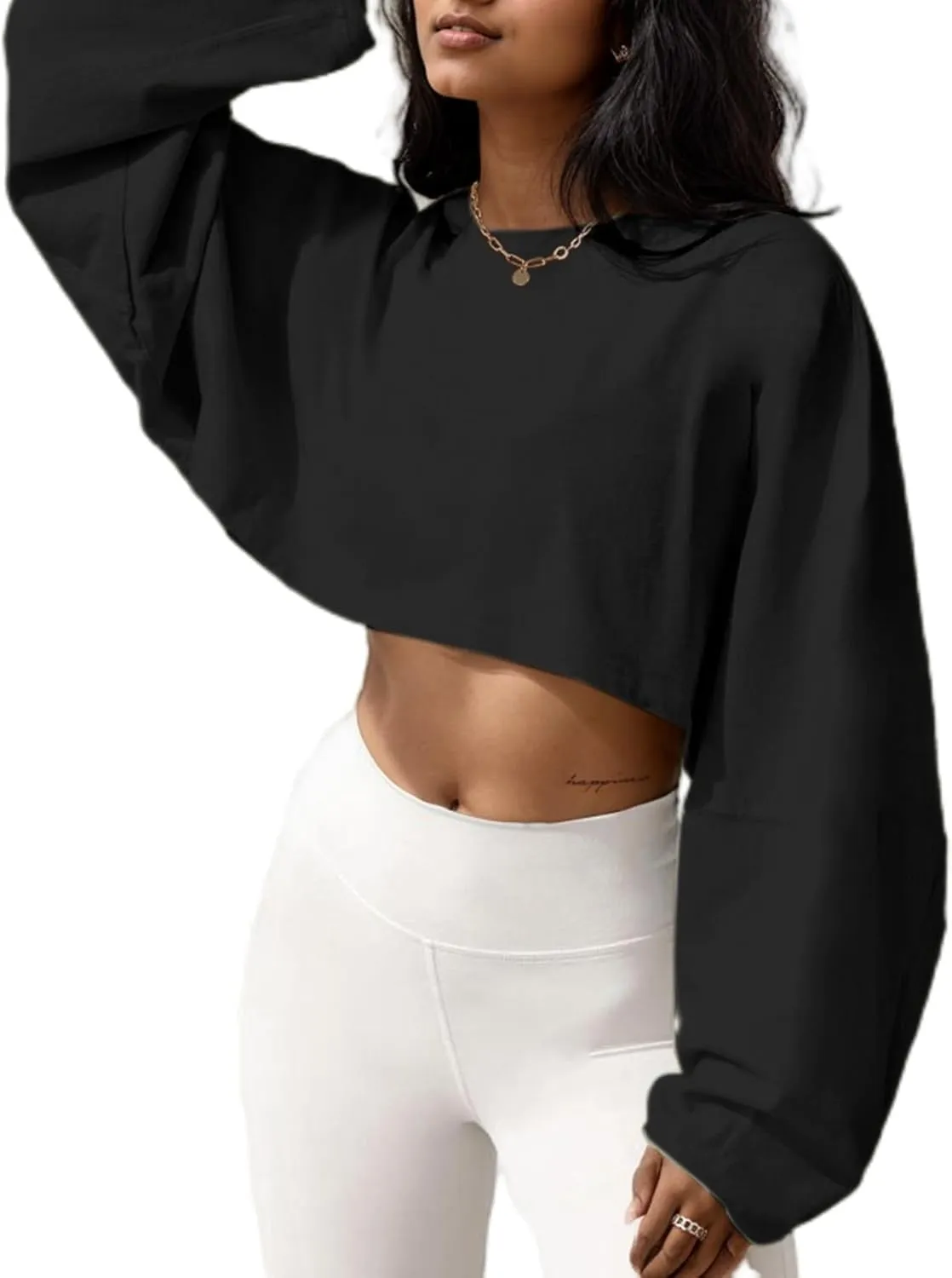 LovelyWholesale Women Long Sleeve Cropped Sweatshirt Oversized Crew Neck Workout Tops
