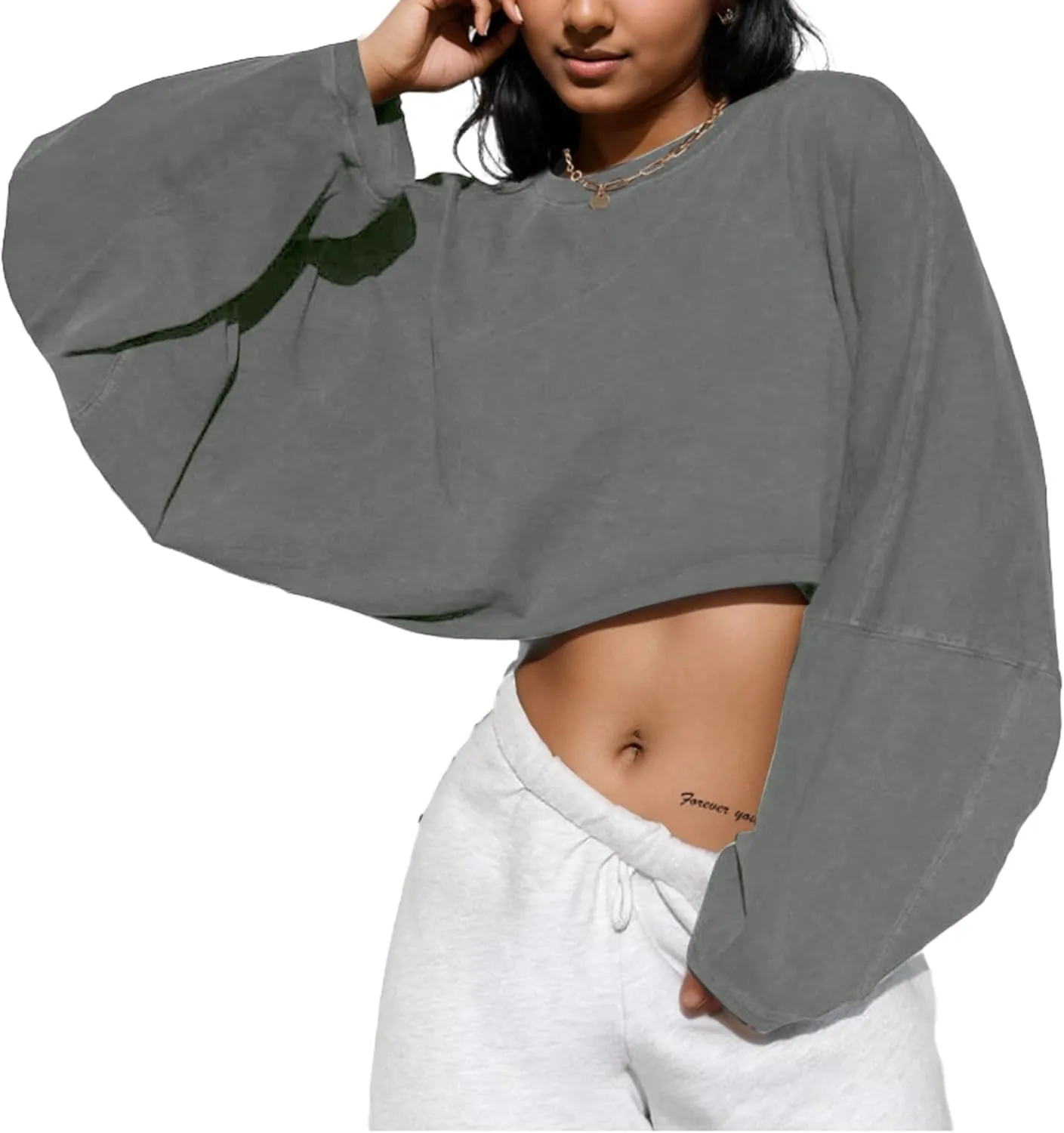 LovelyWholesale Women Long Sleeve Cropped Sweatshirt Oversized Crew Neck Workout Tops