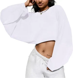 LovelyWholesale Women Long Sleeve Cropped Sweatshirt Oversized Crew Neck Workout Tops