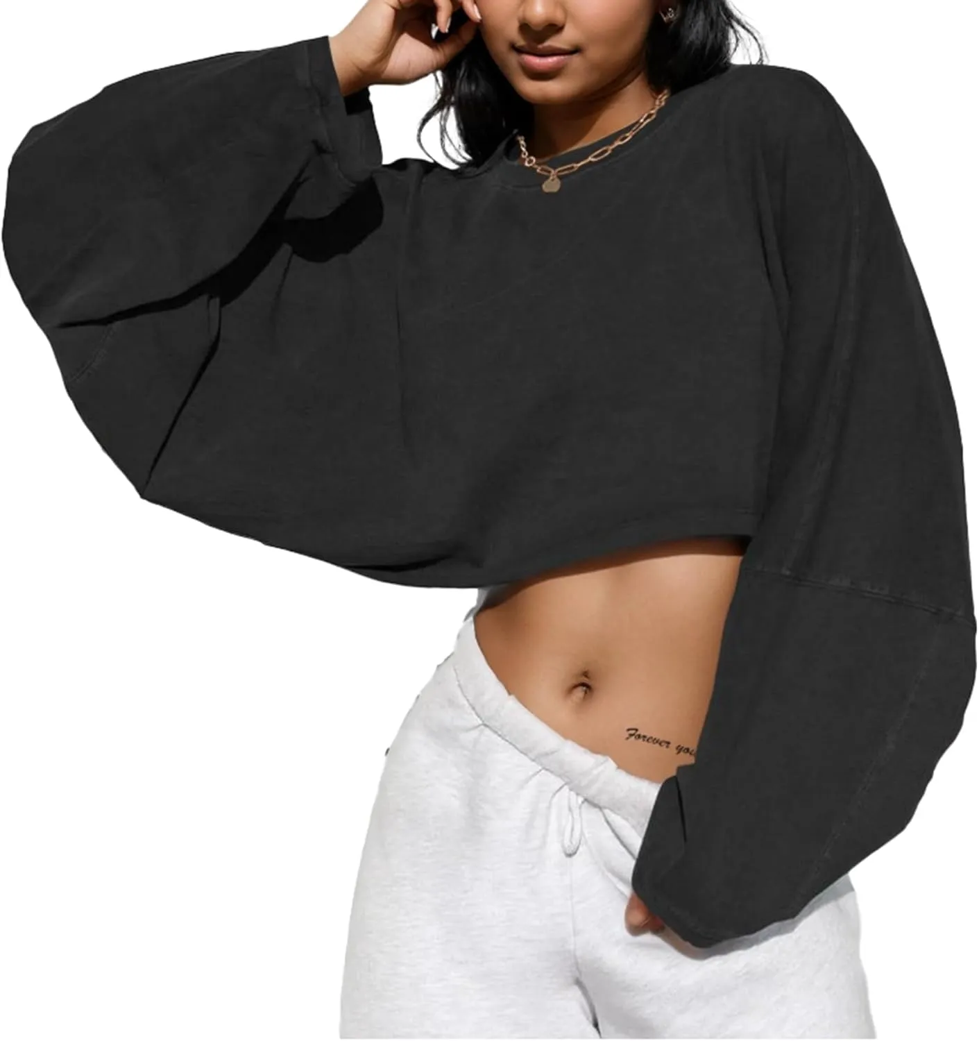 LovelyWholesale Women Long Sleeve Cropped Sweatshirt Oversized Crew Neck Workout Tops