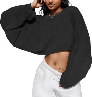 LovelyWholesale Women Long Sleeve Cropped Sweatshirt Oversized Crew Neck Workout Tops