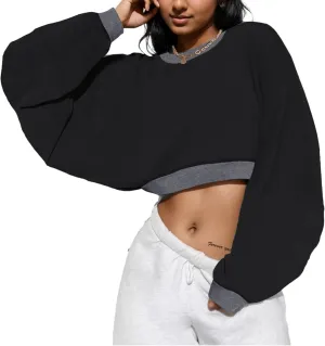 LovelyWholesale Women Long Sleeve Cropped Sweatshirt Oversized Crew Neck Workout Tops