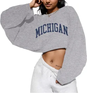 LovelyWholesale Women Long Sleeve Cropped Sweatshirt Oversized Crew Neck Workout Tops
