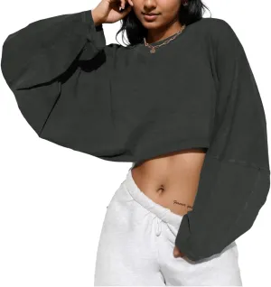LovelyWholesale Women Long Sleeve Cropped Sweatshirt Oversized Crew Neck Workout Tops