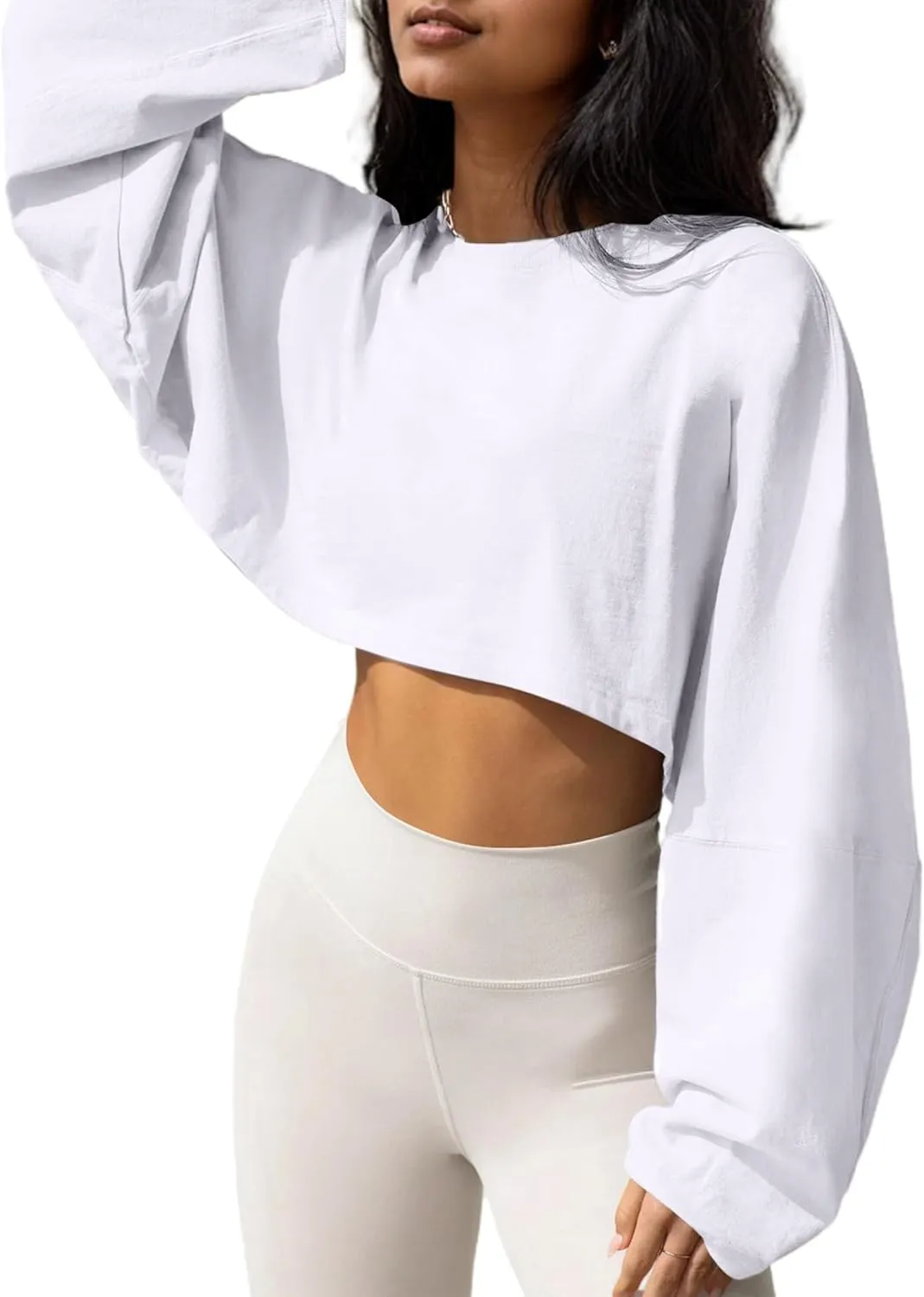LovelyWholesale Women Long Sleeve Cropped Sweatshirt Oversized Crew Neck Workout Tops