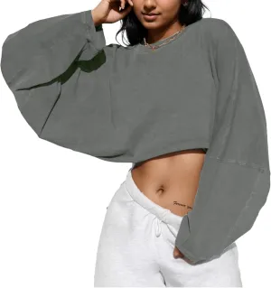 LovelyWholesale Women Long Sleeve Cropped Sweatshirt Oversized Crew Neck Workout Tops