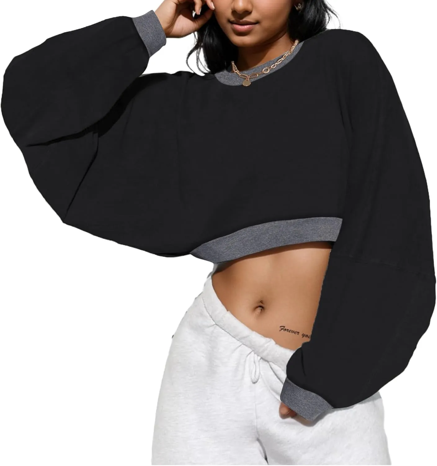 LovelyWholesale Women Long Sleeve Cropped Sweatshirt Oversized Crew Neck Workout Tops