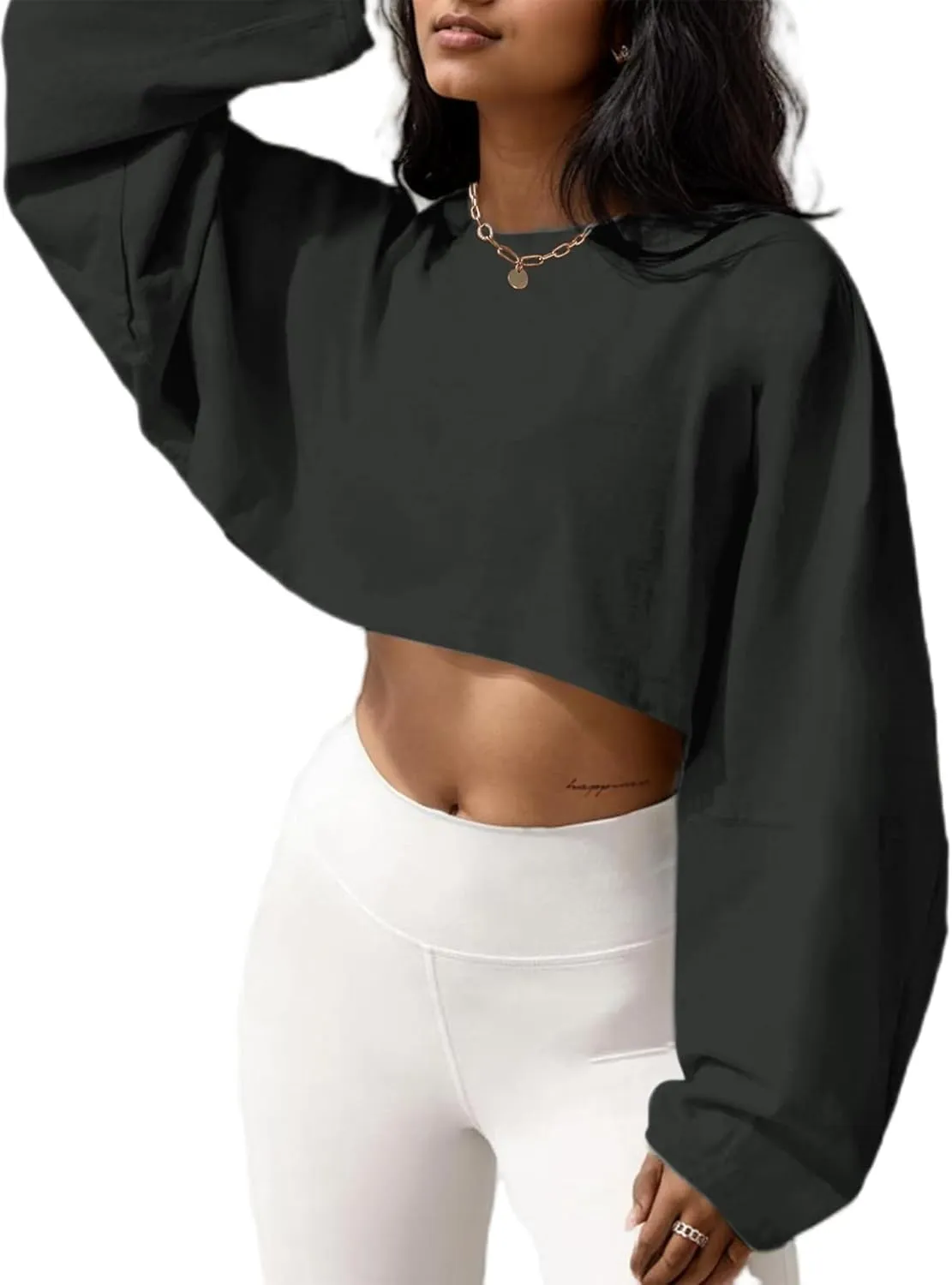 LovelyWholesale Women Long Sleeve Cropped Sweatshirt Oversized Crew Neck Workout Tops
