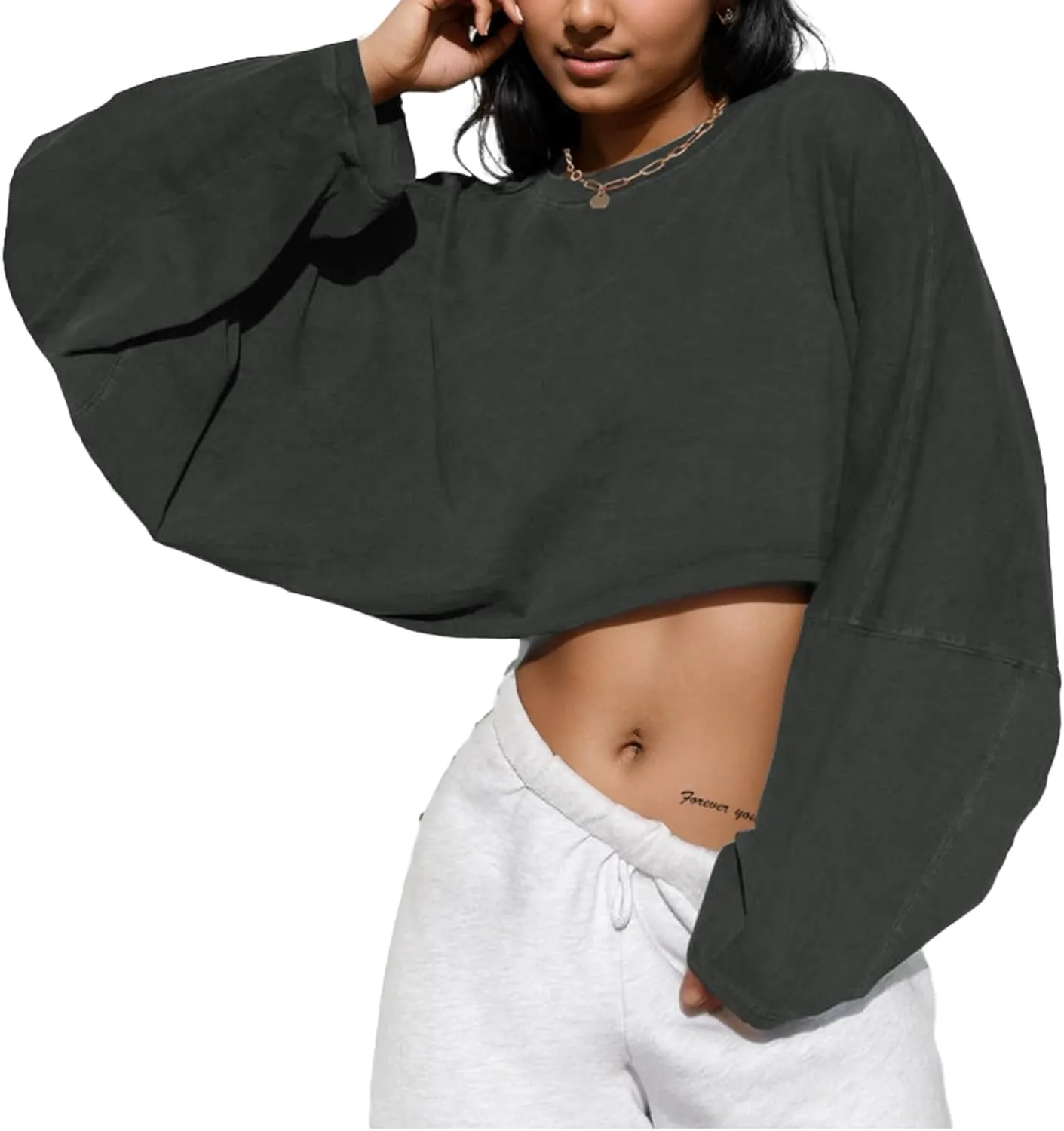 LovelyWholesale Women Long Sleeve Cropped Sweatshirt Oversized Crew Neck Workout Tops