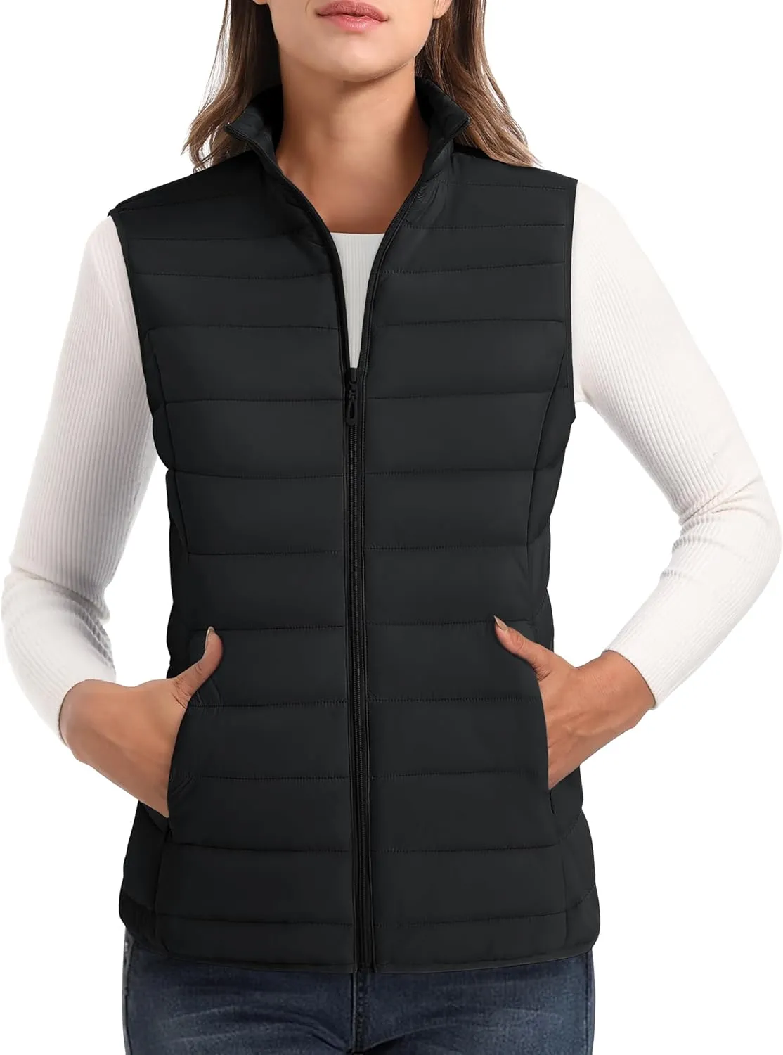 MAGCOMSEN Women's Puffer Vest Lightweight Stand Collar Zip 4 Pockets Puffy Vests Sleeveless Quilted Padded Outerwear