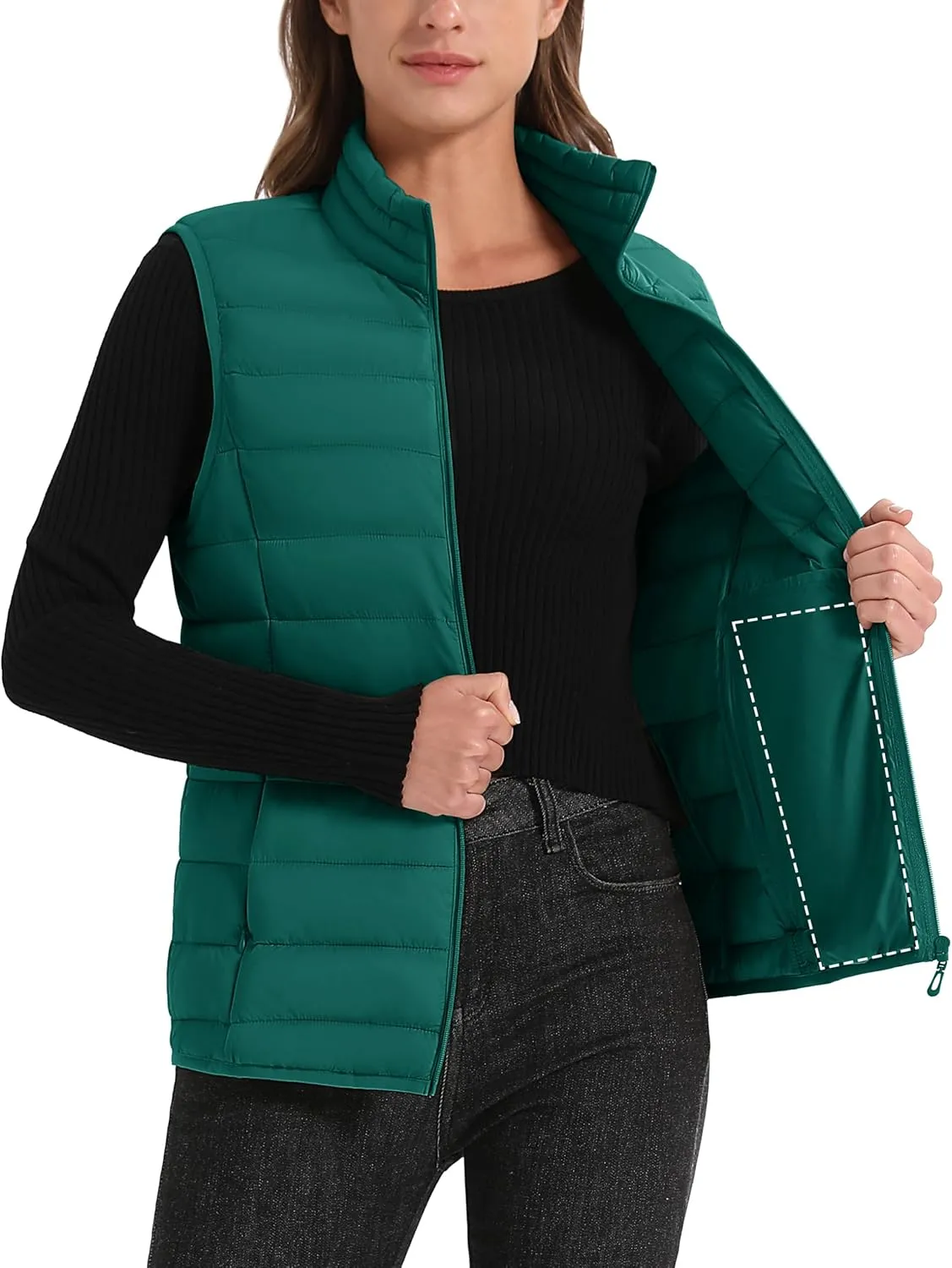 MAGCOMSEN Women's Puffer Vest Lightweight Stand Collar Zip 4 Pockets Puffy Vests Sleeveless Quilted Padded Outerwear