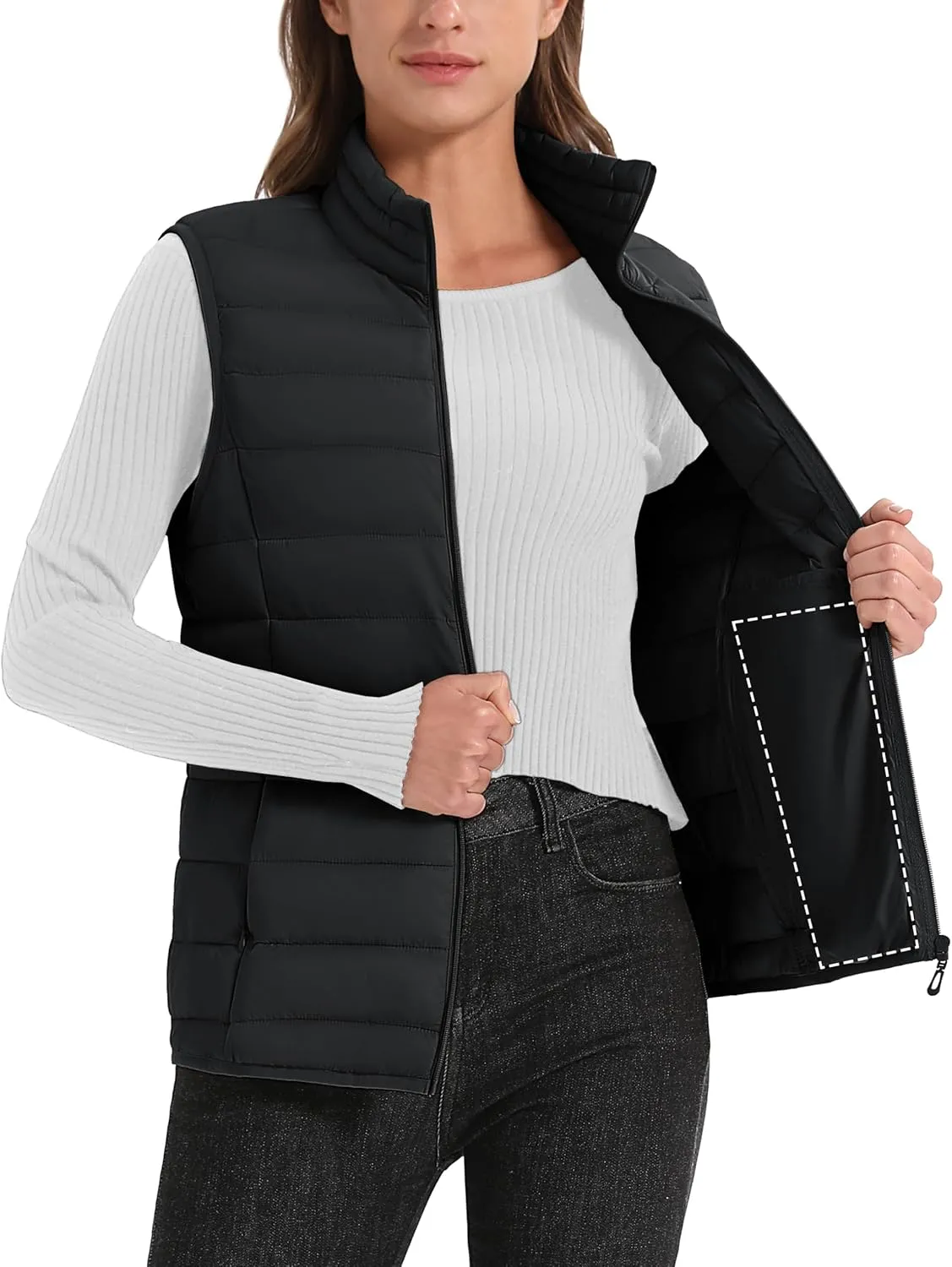 MAGCOMSEN Women's Puffer Vest Lightweight Stand Collar Zip 4 Pockets Puffy Vests Sleeveless Quilted Padded Outerwear