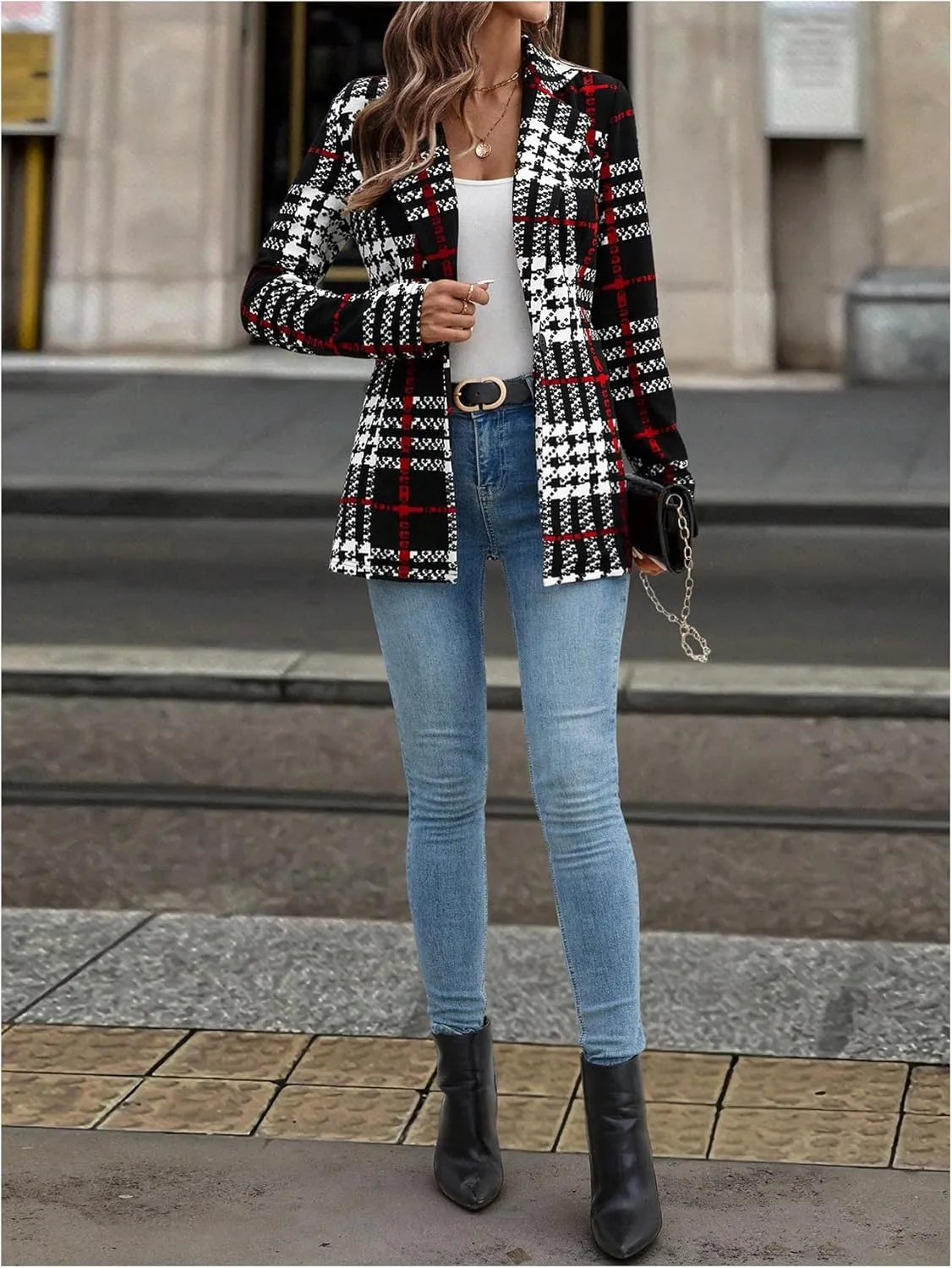 MakeMeChic Women's Houndstooth Blazer Jacket Button Down Long Sleeve Work Casual Blazer